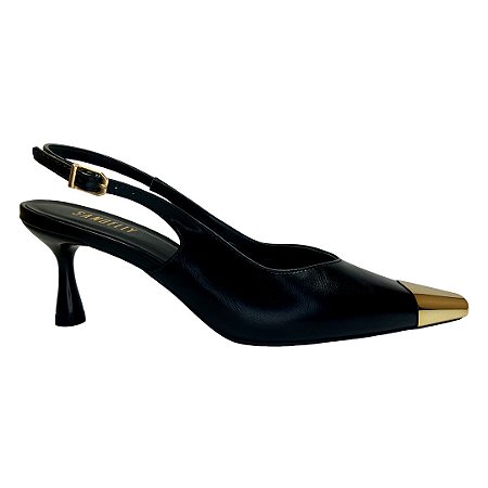(5437-12619) Scarpin Slingback Bico Metalizado Preto