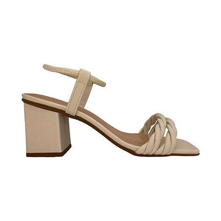 (74062) Sandália Salto Bloco Com Tiras Trançadas Off White