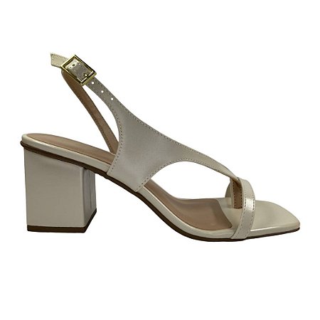 (74249) Sandália Salto Bloco Com Tiras Finas E Bico Quadrado Off White