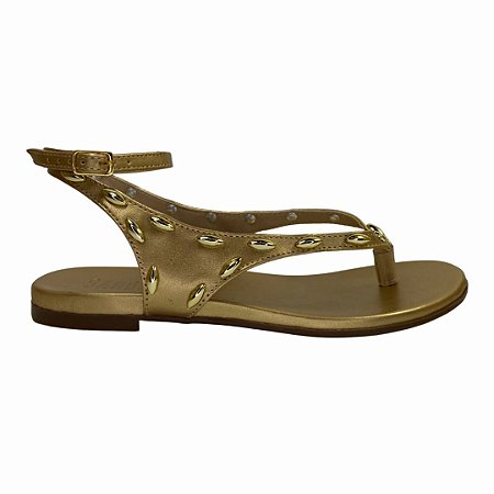 (76.041) Sandália Rasteira Com Tiras E Aplicações Metálicas Ouro Light