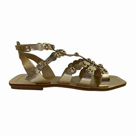 (8384-9100) Sandália Rasteira Com Tiras Vazadas E Aplicações De Esferas Champagne