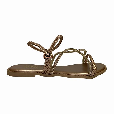 (F1703) Sandália Rasteira Tiras Trançadas E Brilho Cobre