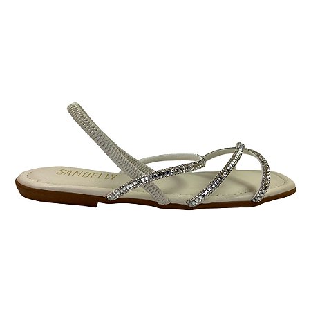(Ue2640) Rasteira Tiras Finas Aplicação Strass Off White