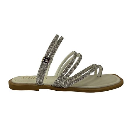 (90690) Rasteira Calce Fácil Com Tiras De Strass  Off White