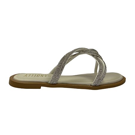 (90695) Rasteira Slide Com Tiras De Strass Entrelaçadas  Off White