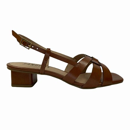 (8457-93897) Sandália Salto Bloco Baixo Com Tiras Entrelaçadas Caramelo