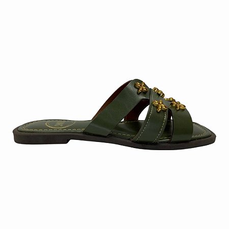 (951795) Rasteira Slide Com Tiras Cruzadas E Aplicações Florais Army