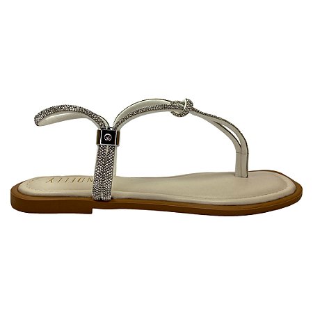 (90683) Rasteira Tiras Strass Detalhe Nó Off White