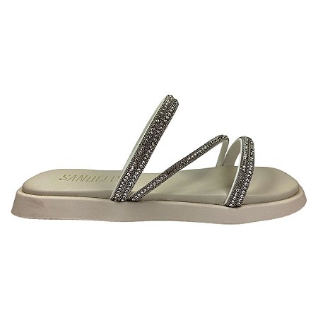 (Kb2651) Flatform Tiras Finas Aplicações Strass Off White