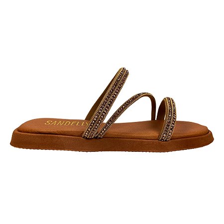 (Kb2651) Flatform Tiras Finas Aplicações Strass Caramelo