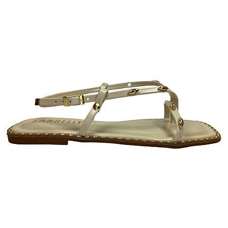 (4392Zb) Sandália Rasteira Aplicações Tachas Off White