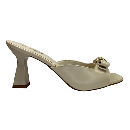 (5258-12783) Tamanco Salto Taça Médio Com Detalhe Em Laço E Elos Metalizados  Off White