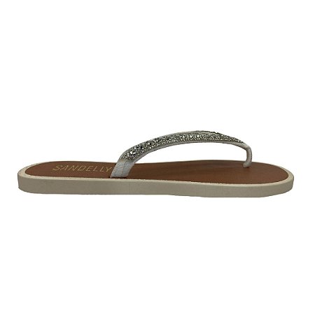 (Hc2596) Rasteira Com Tiras Finas Cravejadas Em Strass Off White