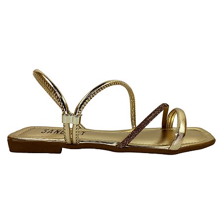 (673011454) Rasteira Tiras Assimétricas Detalhe Strass Metalic Ouro Light