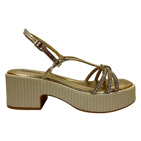 (3070-1603) Sandália Plataforma  Salto Texturizado Tiras Strass Ouro