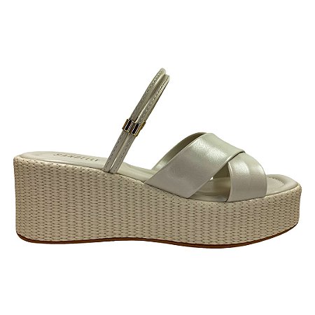 (3069-1539) Sandália Anabela Salto Texturizado Tiras Cruzadas Off White
