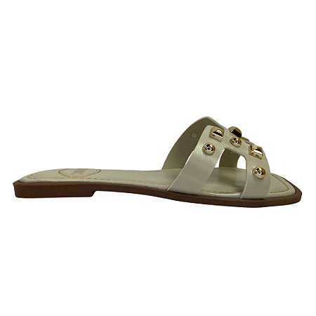 (952160) Rasteira Calce Fácil Com Tira Em H Tachas E Pirâmides Off White