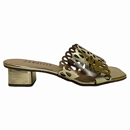 (8457-94214)Tamanco Dourado Tira Vazadas Salto Bloco Ouro Light