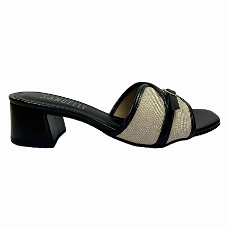 (8433-93516) Tamanco Salto Bloco Texturizado Detalhe Fivela Preto