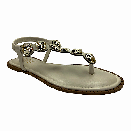 (M383184)Sandália Rasteira Detalhes Metálicos Tira No Tornozelo Off White