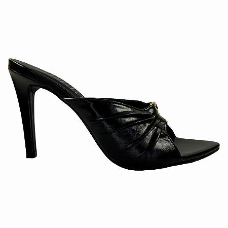 (4463-92410) Tamanco Cabedal Franzido Detalhe Dourado  Preto