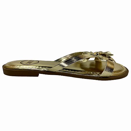(552209)Rasteira Tiras Cruzadas Detalhe De Flor  Iron Ouro