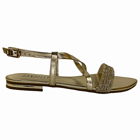 (T2583-115)Sandália Rasteira Dourada Tira De Strass  Dourado