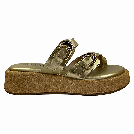 (8462-16754) Flatform Detalhe Fivelas Solado Natural   Metalic Gold