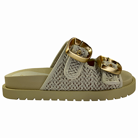 (Z6619-30602)Flatform Trama Vazado Fivelas Douradas  Off White