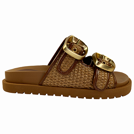(Z6619-31286)Sandália Flatform Tiras Tramadas Fivelas Douradas  Natural