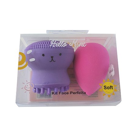 Kit com 1 Esponja de Limpeza Facial e  1 Esponja Gota para Maquiagem Hello Mini KIT206