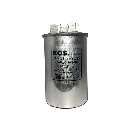 CAPACITOR DUPLO 30+1.5 MFD 440V C/TERMINAL 50X80 ALUMINIO EOS