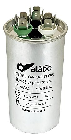 CAPACITOR DUPLO 30+2,5 MFD 440V C/ TERMINAL 50 x 80 CORPO ALUMINIO