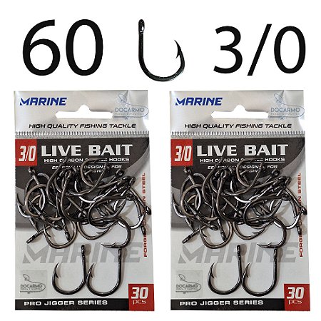 60 Anzóis Live Bait 3/0 Kit Anzol Marine Sports Aço Carbono Conjunto 2 Cartela Anzol Live Bait 3/0