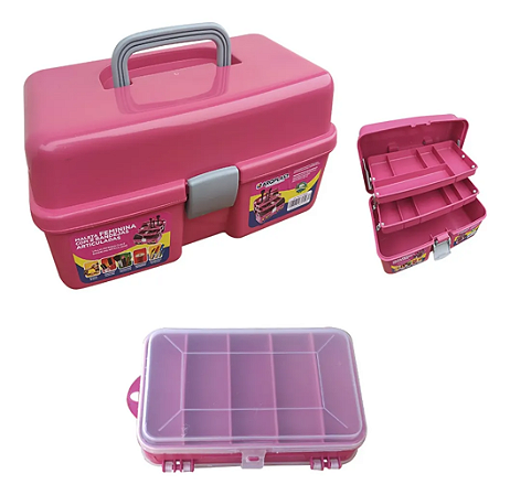 Maleta Arqplast Rosa 2 bandejas Articuladas Com Divisórias + Estojo Box Rosa