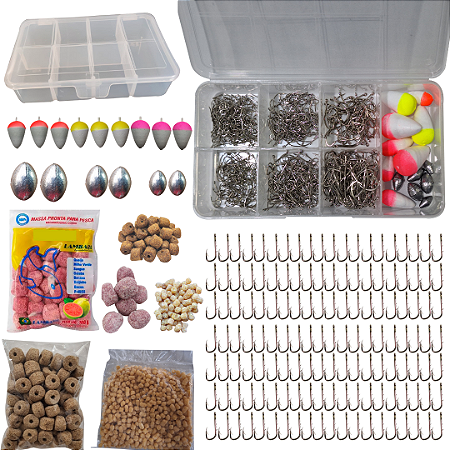 Kit Pesca Pesqueiro 300 Anzóis Pequeno Chumbada Boias Estojo