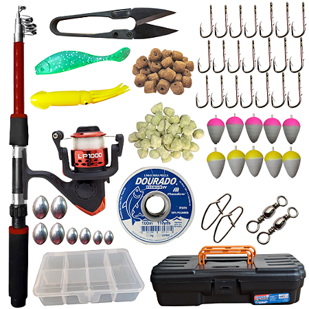 Kit Tralha de Pesca Completo Com Anzol Boias Vara Molinete e Maleta