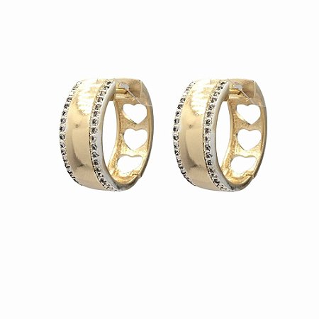 Brinco Folheado 18k Largo com Zirconia Lateral e Coraçao Vazado