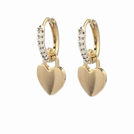 Brinco Folheado 18k com Zirconia Frontal e Coraçao Liso