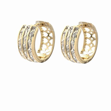 Brinco Folheado 18k Largo com Zirconia Frontal e Coraçoes Vazados