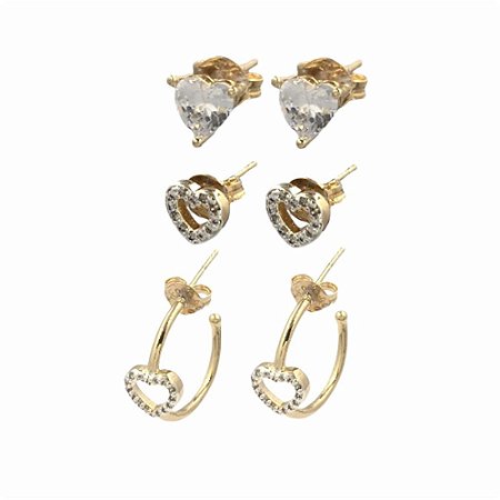 Brinco Folheado 18k Trio com Coraçoes em Zirconia