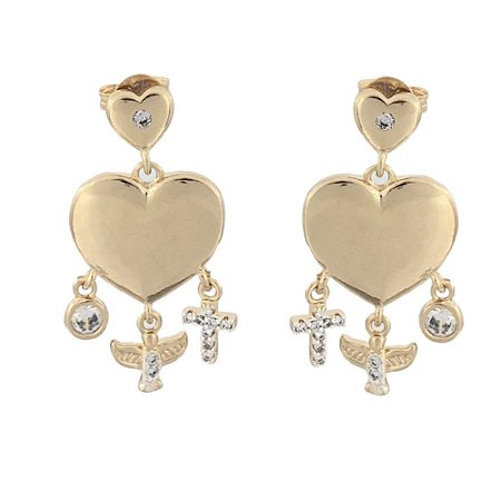 Brinco Folheado 18k Coraçao Liso com Pingentes