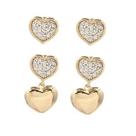 Brinco Folheado 18k Duplo Coraçao Liso  e em Zirconia