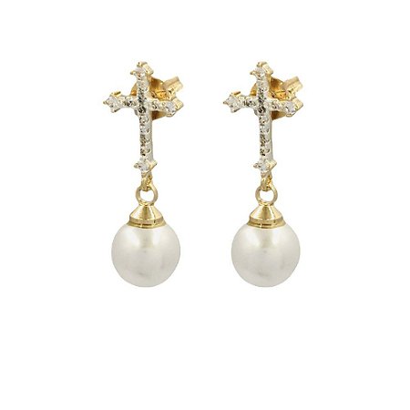 Brinco Folheado 18K Cruz em Zirconia com Perola