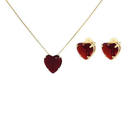 Conjunto Folheado 18K Coração em Zircônia Colorida