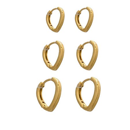 Brinco Folheado 18K Trio de Coraçoes Lisos