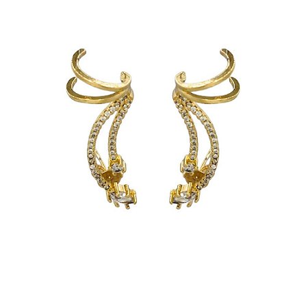 BRINCO FOLHEADO 18K EAR CUFF COM TIRAS EM ZIRCONIA