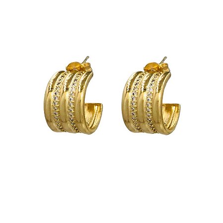 BRINCO FOLHEADO ARO LARGO C/ FAIXA LISA E ZIRCONIA
