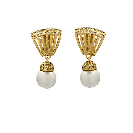 BRINCO FOLHEADO 18K C/ PEROLA PENDURADA  E ZIRCONIA