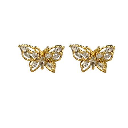 BRINCO FOLHEADO 18K BORBOLETA C/ ZIRCONIA